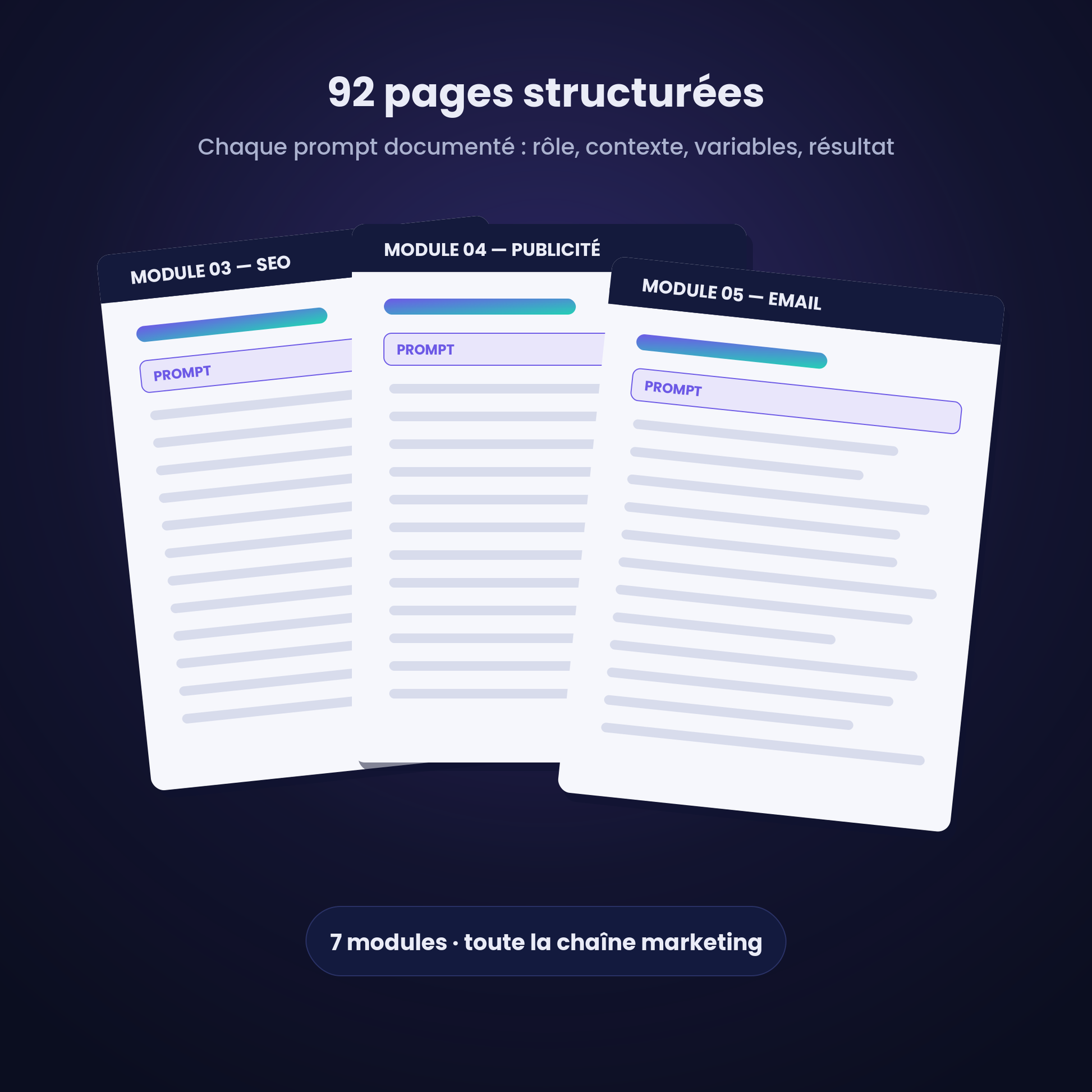 Aperçu des pages intérieures — prompts documentés par module : SEO, publicité, email